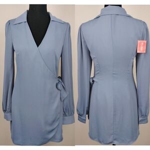NWT My-Kim Collection The Blake Longsleeve Wrap Dress in Dusty Blue Sz. S